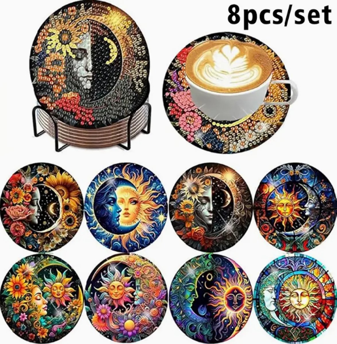 Diamond painting - onderzetters 8 stuks - zon/maan